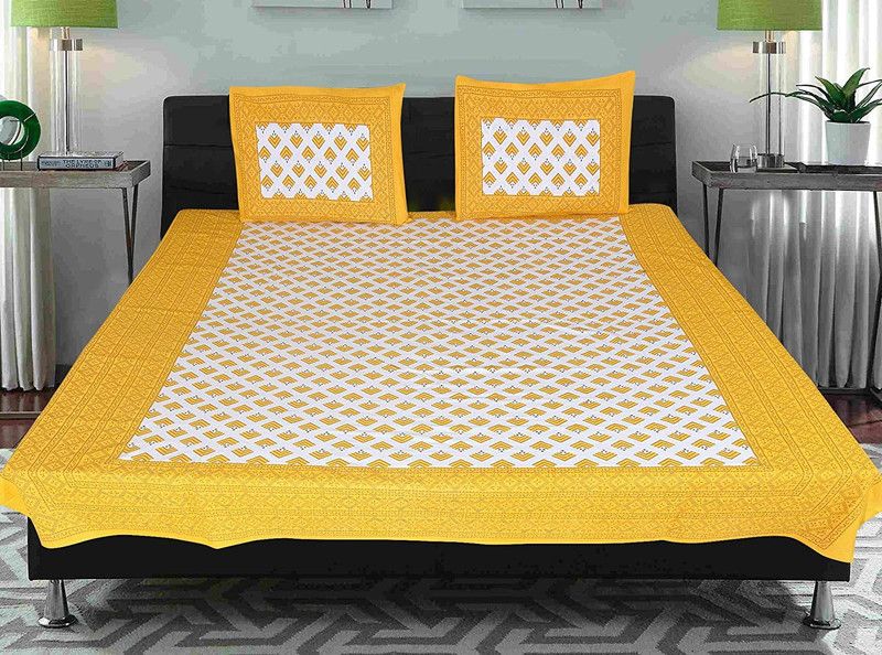 Aiden Kart Cotton Double Bed Cover  (Yellow, White, 1 Bedcover, 2 Pillow Cover)