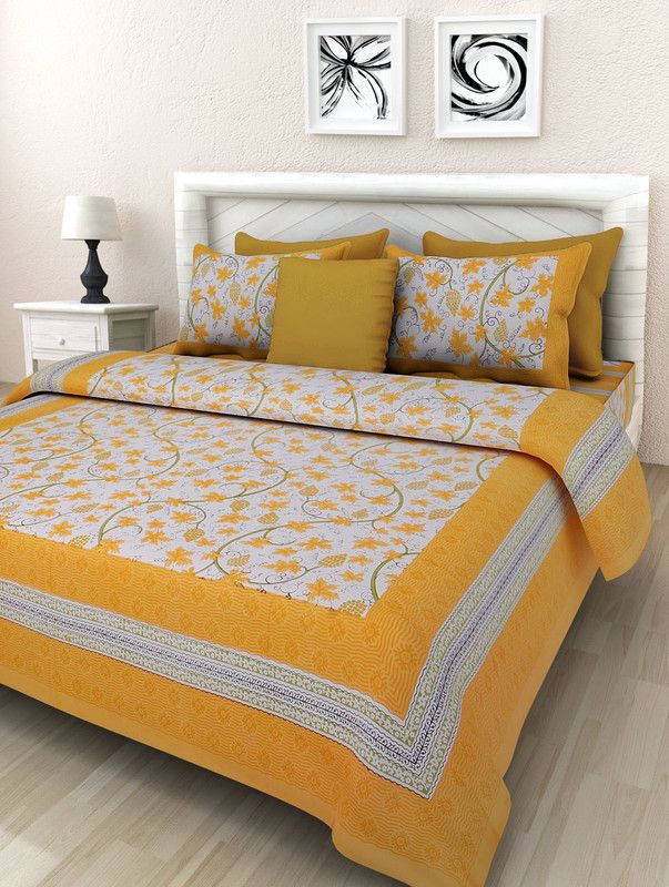 Bharvi India 144 TC Cotton King Jaipuri Prints Flat Bedsheet  (Pack of 1, Yellow & Orange)