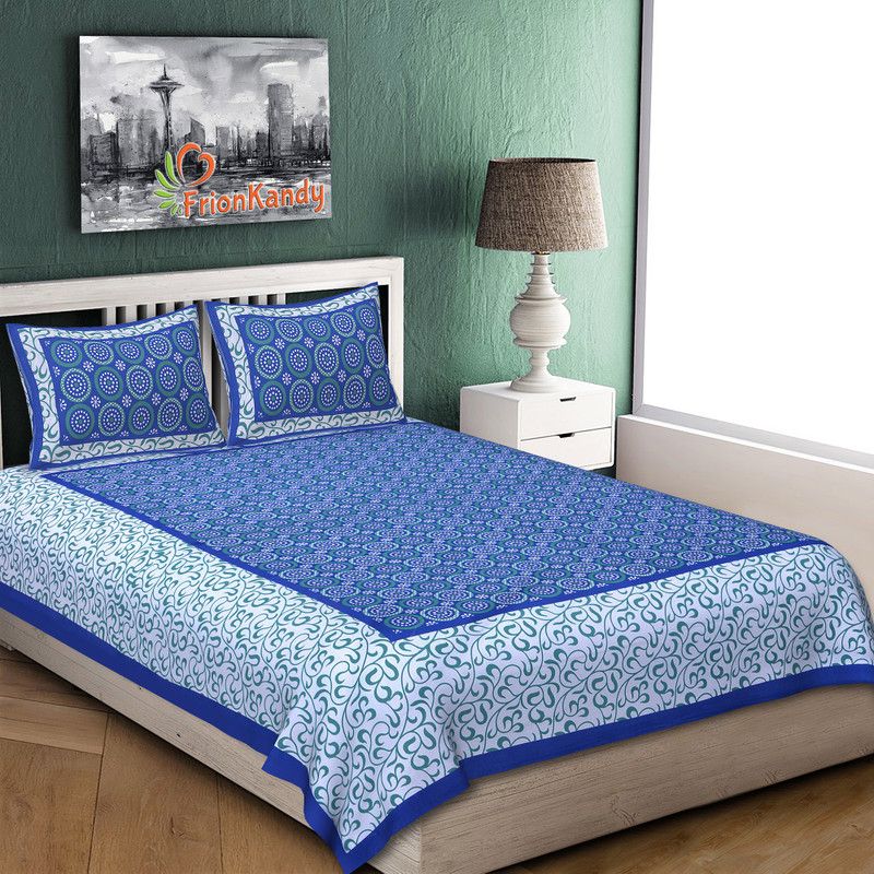 FrionKandy Living 180 TC Cotton Double Polka Flat Bedsheet  (Pack of 1, Blue)