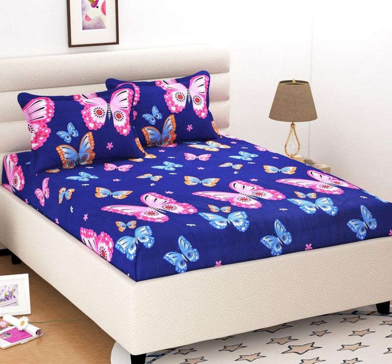 SHIV CRAFTS 350 TC Microfiber Double Printed Flat Bedsheet  (Pack of 1, BLUE PINK BUTTERFLIES)