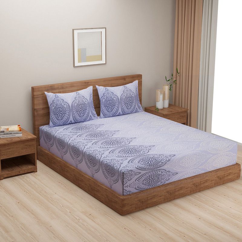SWAYAM 200 TC Cotton Double Motifs Fitted (Elastic) Bedsheet  (Pack of 1, Blue,White)