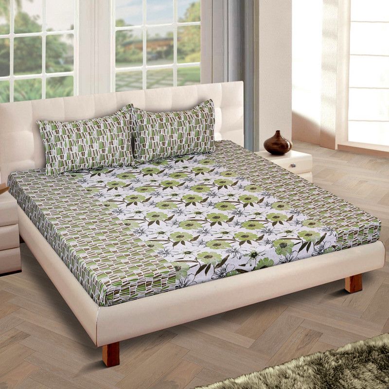 ROMEE 160 TC Cotton Queen Printed Flat Bedsheet  (Pack of 1, Off White & Green)