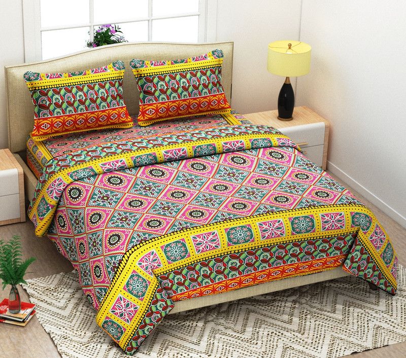 Daivik 160 TC Cotton Double Abstract Fitted & Flat Bedsheet  (Pack of 1, Green)
