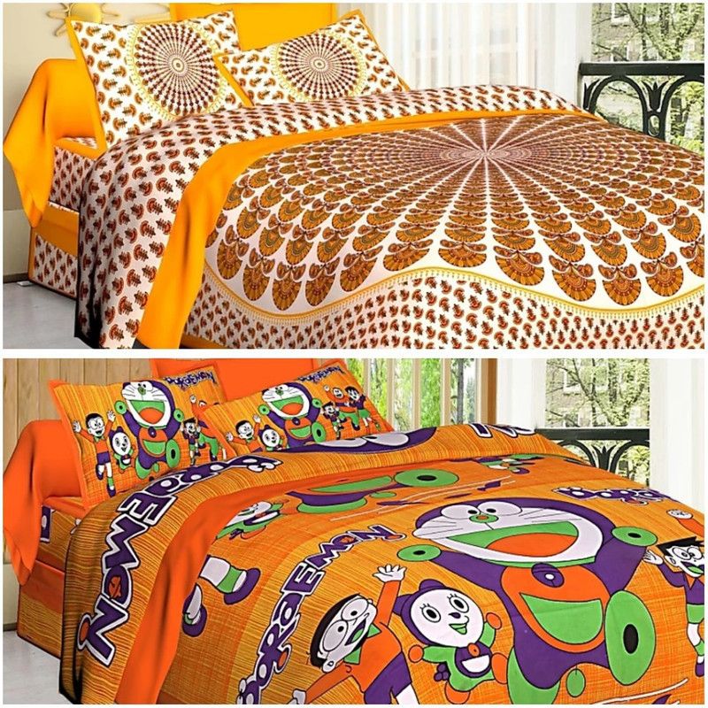 Cotton Ki Bed Sheet 104 TC Cotton Double Cartoon Flat Bedsheet  (Pack of 2, Yellow)