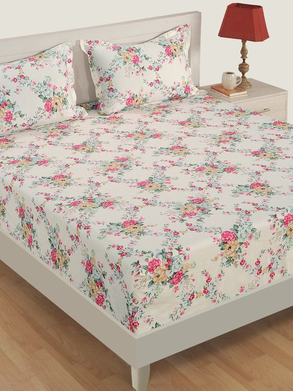 SWAYAM 250 TC Cotton Double Floral Fitted (Elastic) Bedsheet  (Pack of 1, Off White)