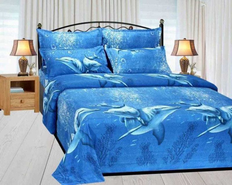 VHD 152 TC Polycotton Double Animal Flat Bedsheet  (Pack of 1, Blue)