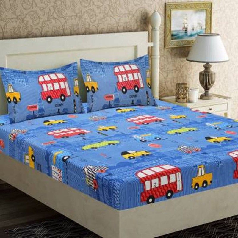 DIKSH 140 TC Polycotton Queen Embroidered Fitted (Elastic) Bedsheet  (Pack of 1, Blue)
