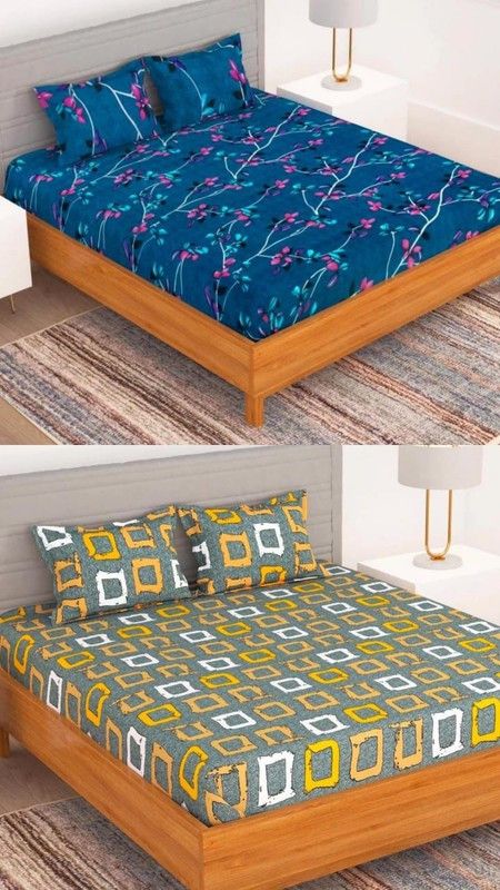 ONETOSS 180 TC Cotton Queen Abstract Fitted (Elastic) Bedsheet  (Pack of 2, Multicolor)