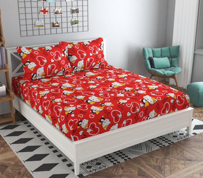 GT Handloom 144 TC Polycotton Double Cartoon Flat Bedsheet  (Pack of 1, Red)