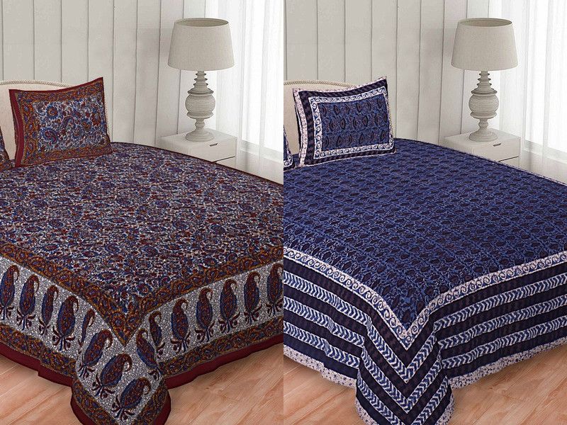 Jetri 120 TC Cotton King Printed Fitted (Elastic) Bedsheet  (Pack of 2, Multicolor)
