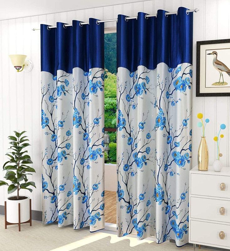 TWIZOR 273 cm (9 ft) Polyester Room Darkening Long Door Curtain (Pack Of 2)  (Floral, Blue, White)