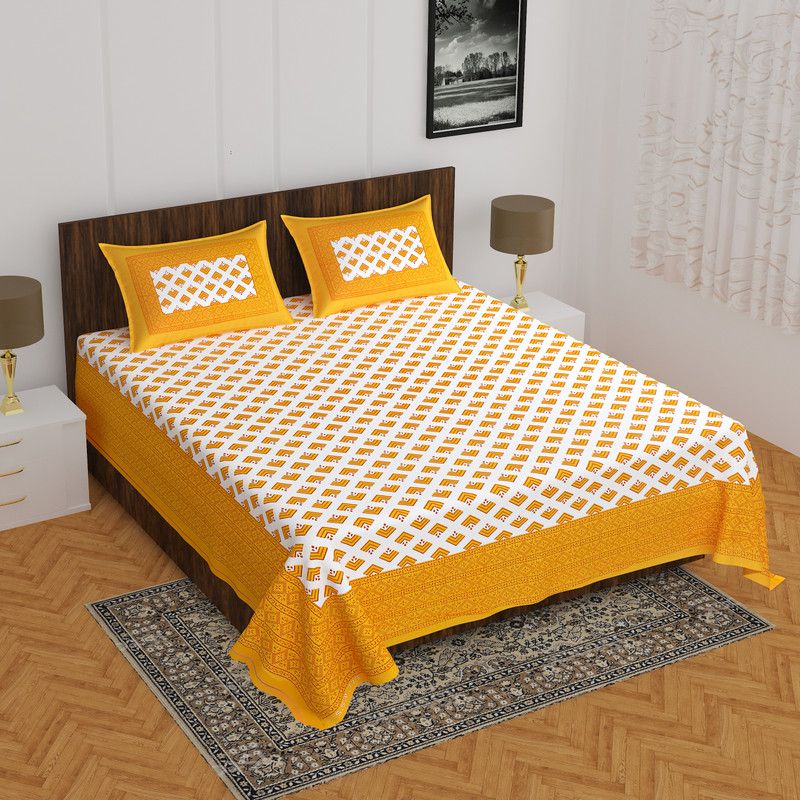 Home@shop 144 TC Cotton Double Printed Flat Bedsheet  (Pack of 1, Yellow, White)