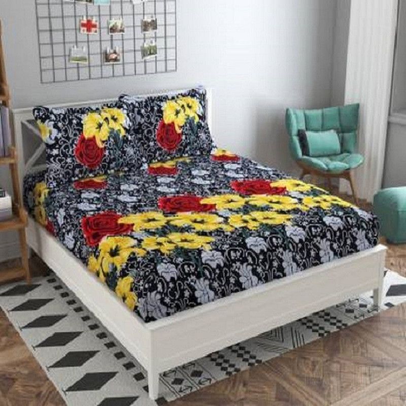 CECARO 150 TC Polycotton Double, Queen, Crib Applique Flat Bedsheet  (Pack of 1, Black)