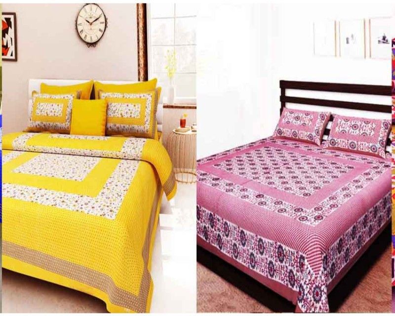 KRISMARTELITE 140 TC Cotton Double Printed Flat Bedsheet  (Pack of 2, Yellow, Beige)