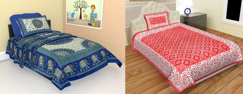 Indram 144 TC Cotton Single Printed Flat Bedsheet  (Pack of 2, Pink, Blue)