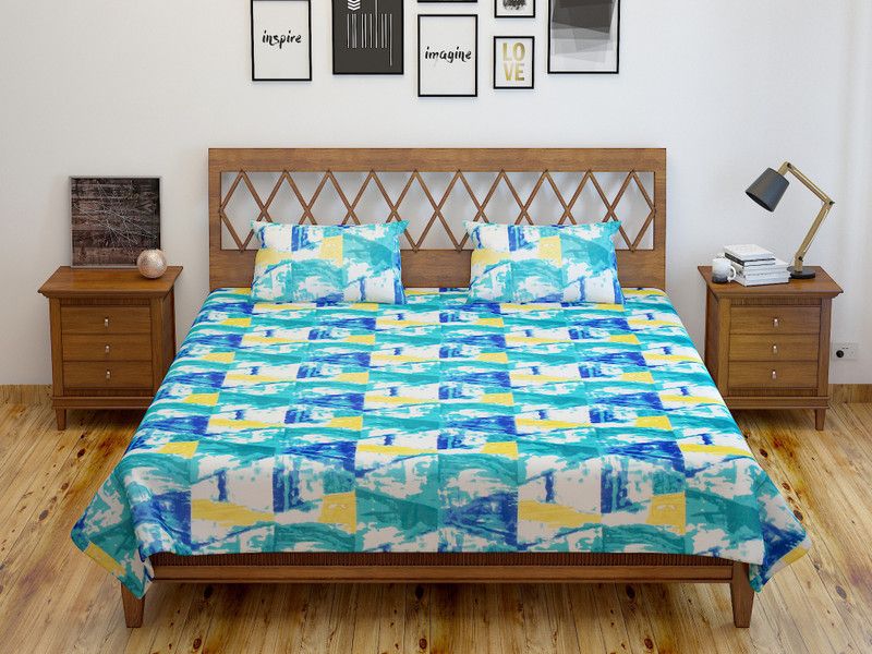 Ein Sof 144 TC Cotton Double Printed Flat Bedsheet  (Pack of 1, Blue)