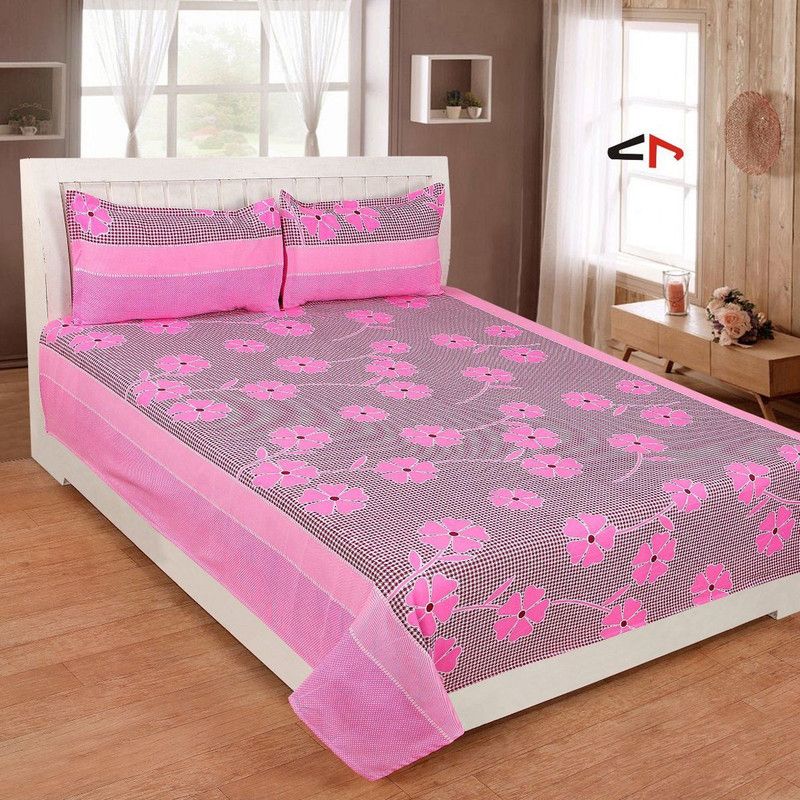 Luvnoor Handloom 140 TC Polycotton Double 3D Printed Flat Bedsheet  (Pack of 1, Pink)