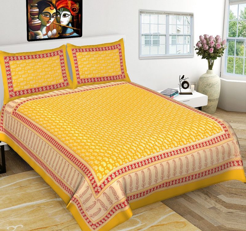 Fecom 144 TC Cotton King Floral Flat Bedsheet  (Pack of 1, Yellow)