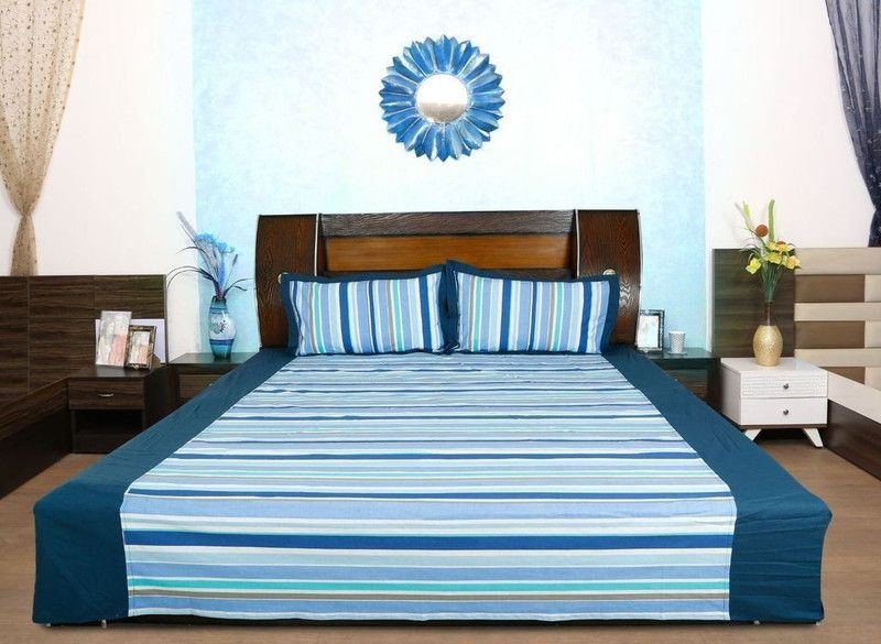 Dekor World Cotton Double Striped Flat Bedsheet  (Pack of 1, Blue)
