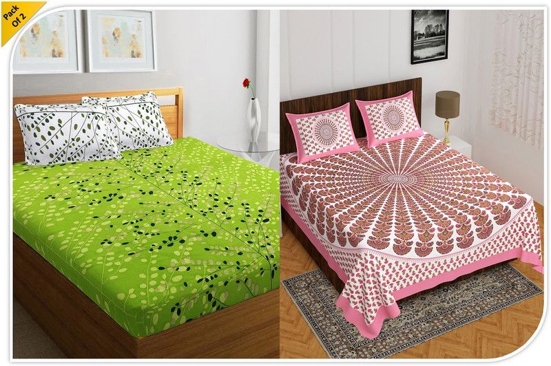 104 TC Cotton Double Jaipuri Prints Bedsheet  (Pack of 2, Green, Red)
