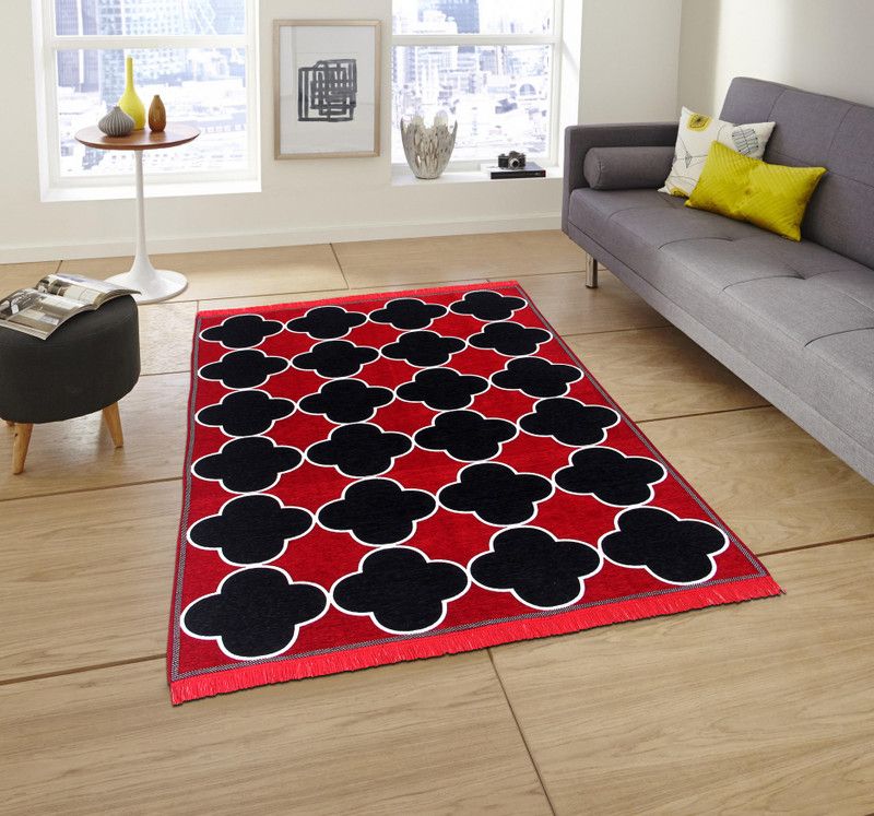 Linen Basics Velvet Floor Mat  (Red, Black, Large)