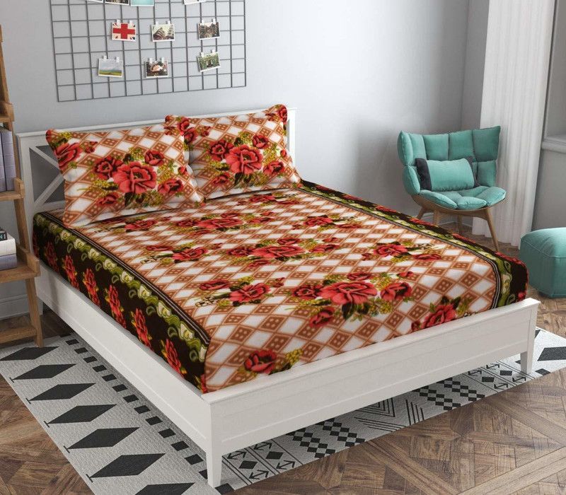 HOUSE FOX 250 TC Microfiber Double Floral Flat Bedsheet  (Pack of 1, Brown)