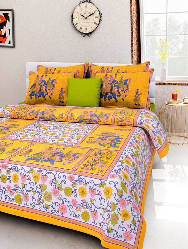 Soft Doubel Bed sheet 144 TC Cotton Double Printed Flat Bedsheet  (Pack of 1, Yellow)