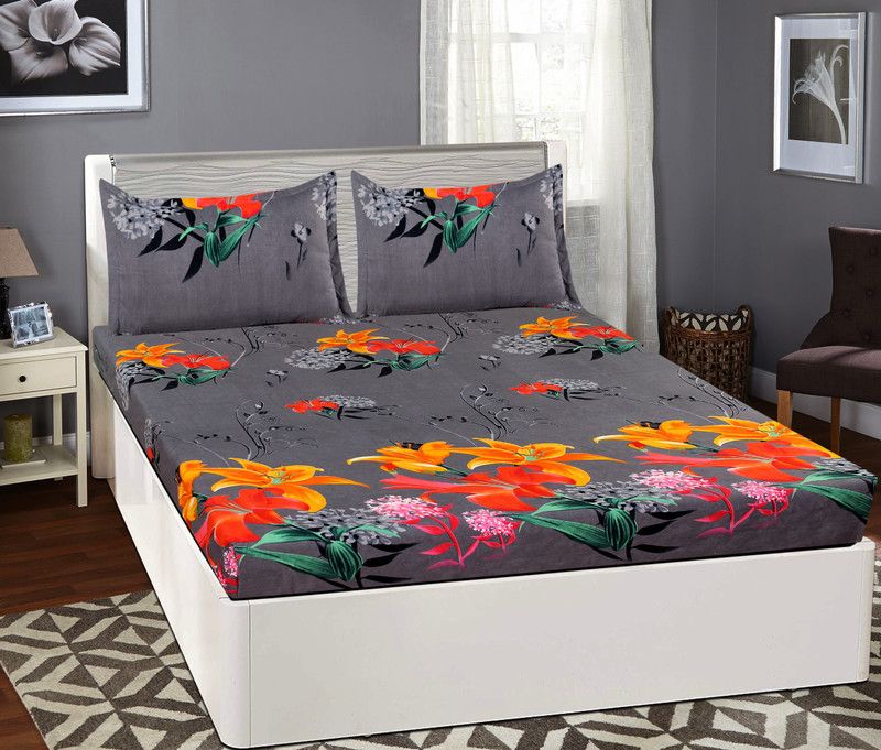 BSB Trendz 144 TC Microfiber Double Floral Flat Bedsheet  (Pack of 1, Grey)