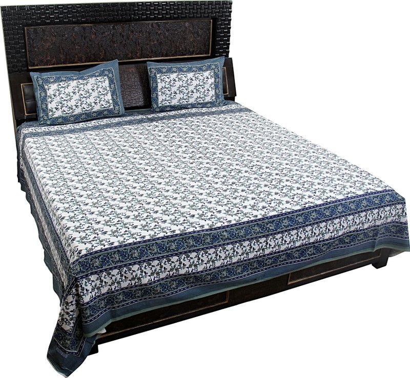 K2M2 180 TC Cotton Double Floral Flat Bedsheet  (Pack of 1, Blue)