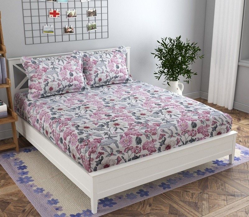 DIKSH 140 TC Polycotton King Floral Fitted (Elastic) Bedsheet  (Pack of 1, white flowers)