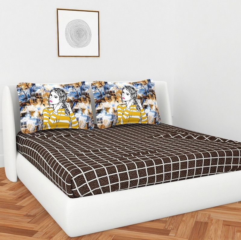 DC FABRICS 250 TC Cotton Double Checkered Flat Bedsheet  (Pack of 1, Brown3)