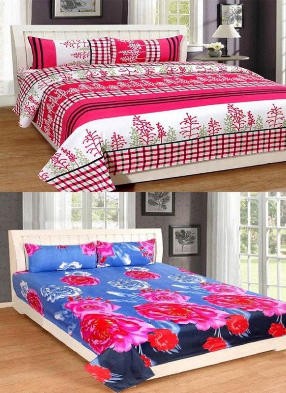 Glocera 180 TC Cotton Double Floral Flat Bedsheet  (Pack of 1, Blue, Pink)