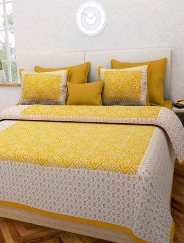 Sakshi Enterprises 151 TC Cotton Double Jaipuri Prints Flat Bedsheet  (Pack of 1, Yellow)