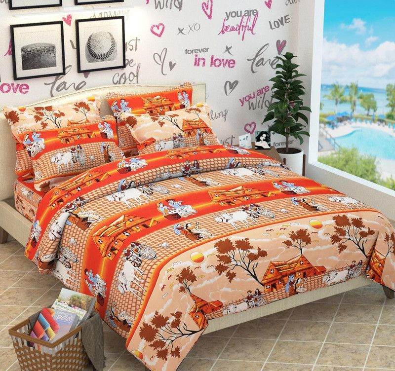 Chauhan Textile 120 TC Polycotton Double Printed Flat Bedsheet  (Pack of 1, Multicolor)