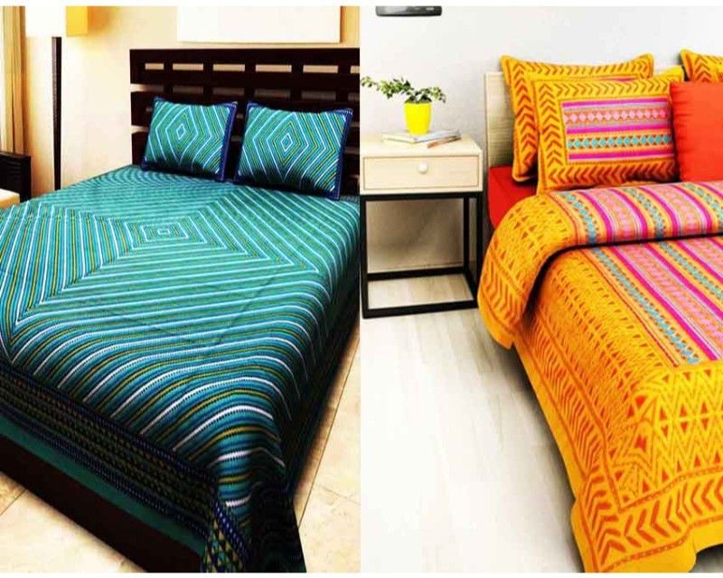 KRISMARTELITE 140 TC Cotton Double Printed Flat Bedsheet  (Pack of 2, C-Green, Yellow)