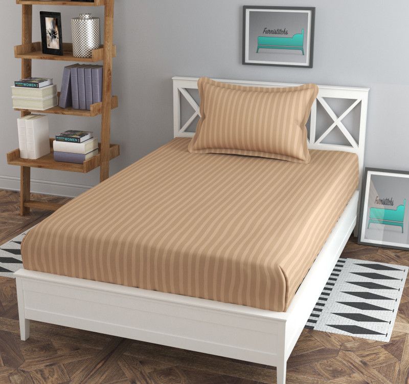 Furnistitchs 160 TC Polycotton Single Striped Fitted (Elastic) Bedsheet  (Pack of 1, Beige)