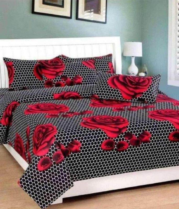 Twinkle Star's 140 TC Polyester Double Printed Flat Bedsheet  (Pack of 1, Red, Black)