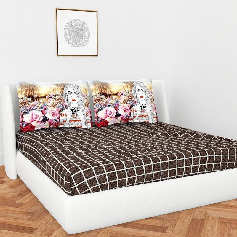 SHIV CRAFTS 300 TC Microfiber Double Solid Flat Bedsheet  (Pack of 1, BROWN CHECK 17)