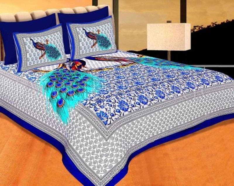 keishnakrishna 160 TC Cotton Double Text Print Flat Bedsheet  (Pack of 1, Blue)