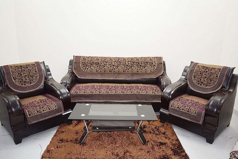 KINGLY Chenille Abstract Sofa Cover  (Brown Pack of 6)