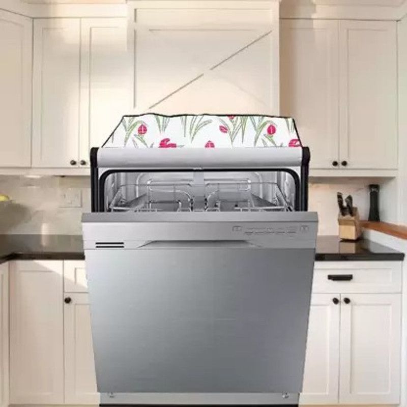 Qitexec Dishwasher Cover  (Width: 60 cm, White with Red flower)