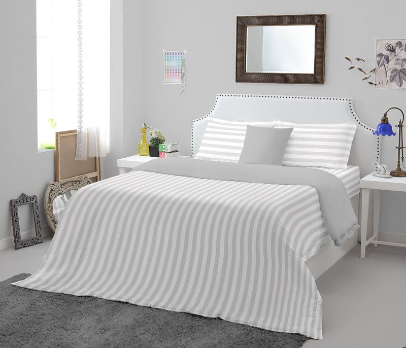 SPACES 300 TC Cotton King Striped Flat Bedsheet  (Pack of 1, White)