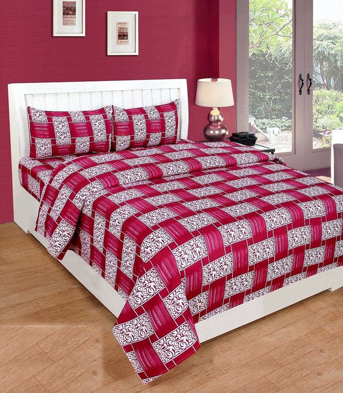 VipKom 160 TC Polycotton Double 3D Printed Fitted & Flat Bedsheet  (Pack of 1, Maroon)