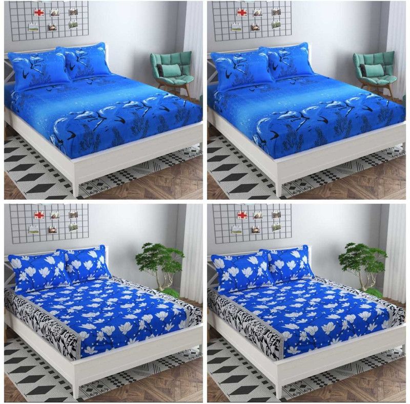 Hot Dealzz 240 TC Polycotton Double Floral Flat Bedsheet  (Pack of 4, Blue, White)
