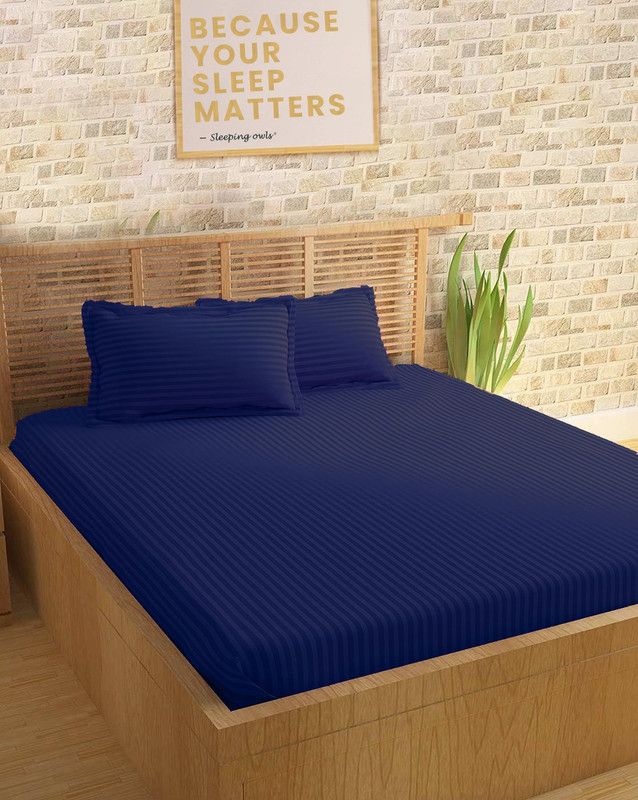 SLEEPING OWLS 210 TC Cotton King Striped Flat Bedsheet  (Pack of 1, Royalblue)