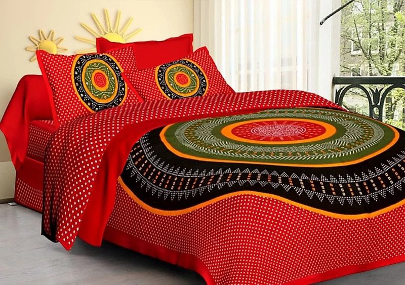 144 TC Cotton Double Jaipuri Prints Bedsheet  (Pack of 1, Red, Black)
