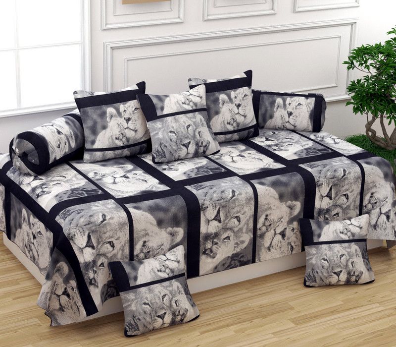 revorg Polycotton Checkered Diwan Set  (Black)
