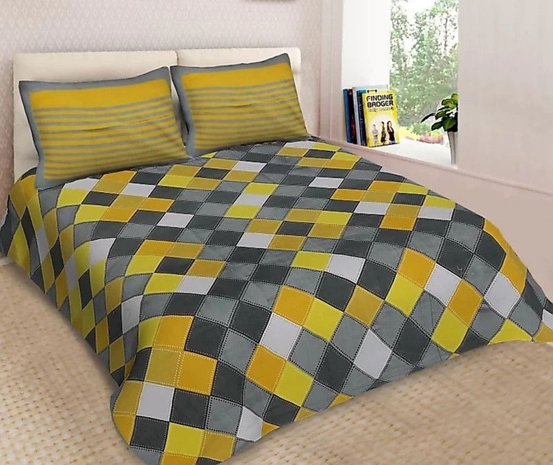 Sommelite 151 TC Cotton Double Geometric Flat Bedsheet  (Pack of 1, Yellow, Grey)