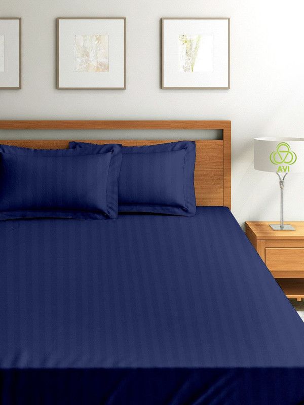 AVI 300 TC Cotton King Striped Fitted (Elastic) Bedsheet  (Pack of 1, Dark Blue)