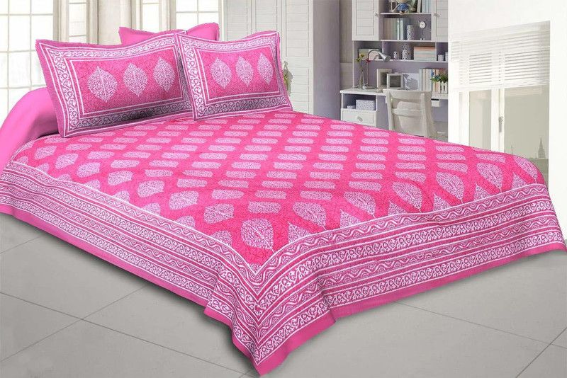 Varadvinayak Handicrafts 300 TC Cotton Double Printed Flat Bedsheet  (Pack of 1, Pink, White)